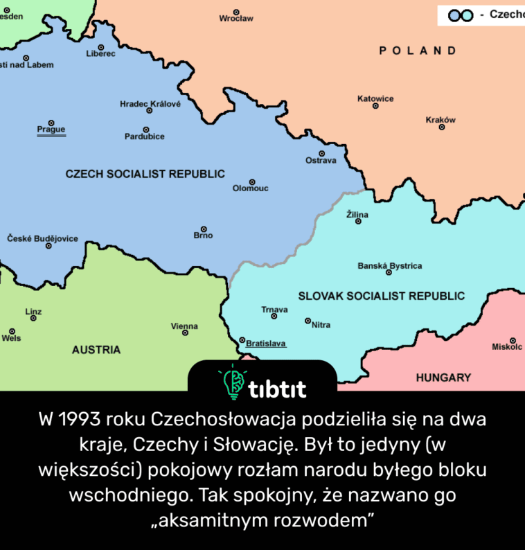 W 1993 roku Czechosłowacja podzieliła się na dwa kraje, Czechy i Słowację. Był to jedyny (w większości) pokojowy rozłam narodu byłego bloku wschodniego. Tak spokojny, że nazwano go „aksamitnym rozwodem”