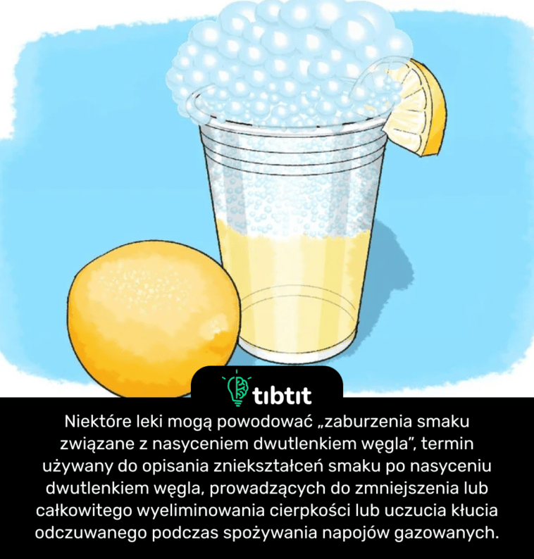 Niektóre leki mogą powodować „zaburzenia smaku związane z nasyceniem dwutlenkiem węgla”, termin używany do opisania zniekształceń smaku po nasyceniu dwutlenkiem węgla, prowadzących do zmniejszenia lub całkowitego wyeliminowania cierpkości lub uczucia kłucia odczuwanego podczas spożywania napojów gazowanych.