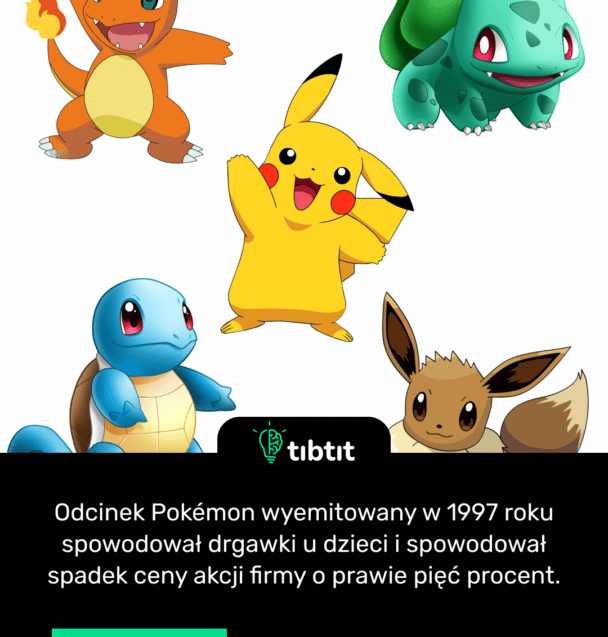 Odcinek Pokémon wyemitowany w 1997 roku spowodował drgawki u dzieci i spowodował spadek ceny akcji firmy o prawie pięć procent.