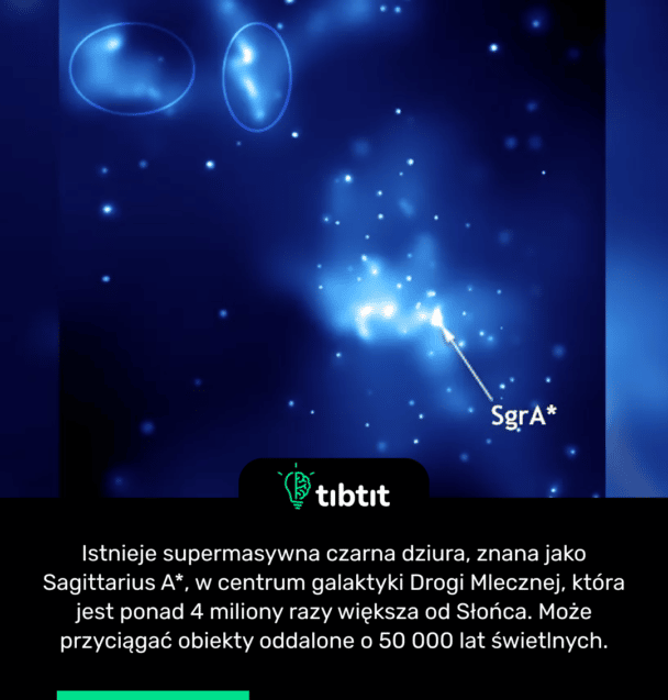 Istnieje supermasywna czarna dziura, znana jako Sagittarius A*, w centrum galaktyki Drogi Mlecznej, która jest ponad 4 miliony razy większa od Słońca. Może przyciągać obiekty oddalone o 50 000 lat świetlnych.