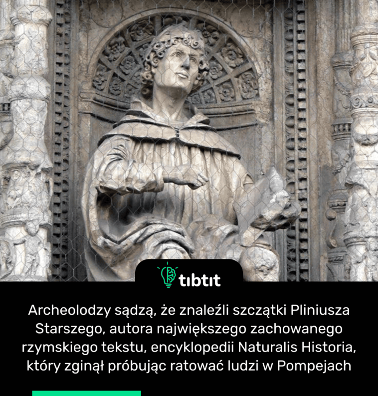 Archeolodzy sądzą, że znaleźli szczątki Pliniusza Starszego, autora największego zachowanego rzymskiego tekstu, encyklopedii Naturalis Historia, który zginął próbując ratować ludzi w Pompejach