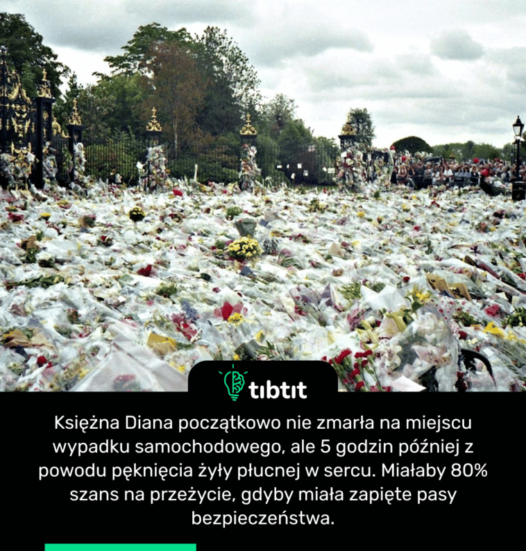 Księżna Diana początkowo nie zmarła na miejscu wypadku samochodowego, ale 5 godzin później z powodu pęknięcia żyły płucnej w sercu. Miałaby 80% szans na przeżycie, gdyby miała zapięte pasy bezpieczeństwa.
