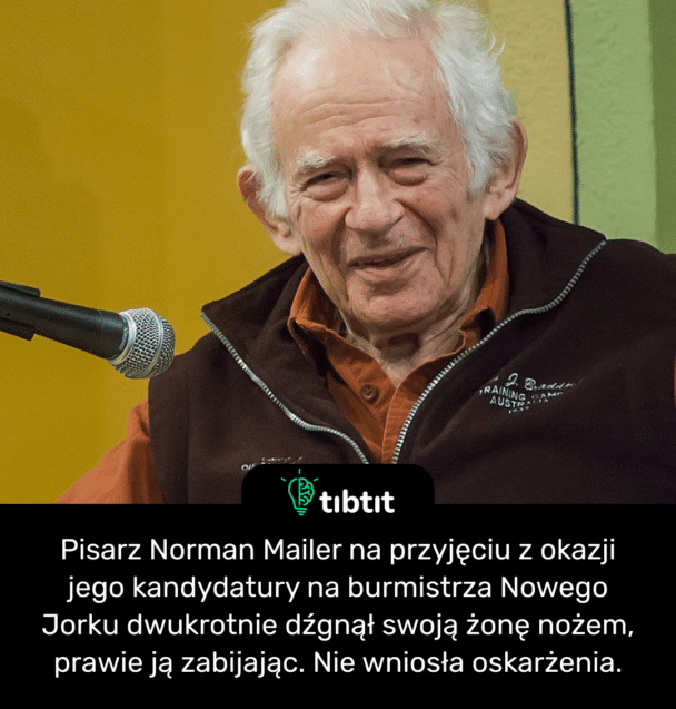 Pisarz Norman Mailer na przyjęciu z okazji jego kandydatury na burmistrza Nowego Jorku dwukrotnie dźgnął swoją żonę nożem, prawie ją zabijając. Nie wniosła oskarżenia.