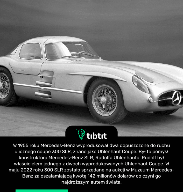 W 1955 roku Mercedes-Benz wyprodukował dwa dopuszczone do ruchu ulicznego coupe 300 SLR, znane jako Uhlenhaut Coupe. Był to pomysł konstruktora Mercedes-Benz SLR, Rudolfa Uhlenhauta. Rudolf był właścicielem jednego z dwóch wyprodukowanych Uhlenhaut Coupe. W maju 2022 roku 300 SLR zostało sprzedane na aukcji w Muzeum Mercedes-Benz za oszałamiającą kwotę 142 milionów dolarów co czyni go najdroższym autem świata.