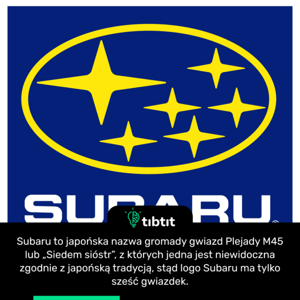 Subaru to japońska nazwa gromady gwiazd Plejady M45 lub „Siedem sióstr”, z których jedna jest niewidoczna zgodnie z japońską tradycją, stąd logo Subaru ma tylko sześć gwiazdek.