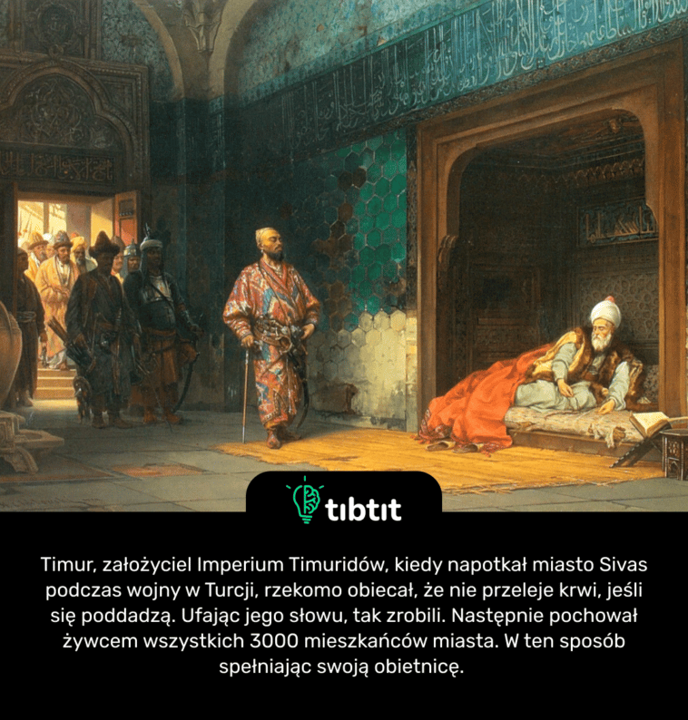 Timur, założyciel Imperium Timuridów, kiedy napotkał miasto Sivas podczas wojny w Turcji, rzekomo obiecał, że nie przeleje krwi, jeśli się poddadzą. Ufając jego słowu, tak zrobili. Następnie pochował żywcem wszystkich 3000 mieszkańców miasta. W ten sposób spełniając swoją obietnicę.
