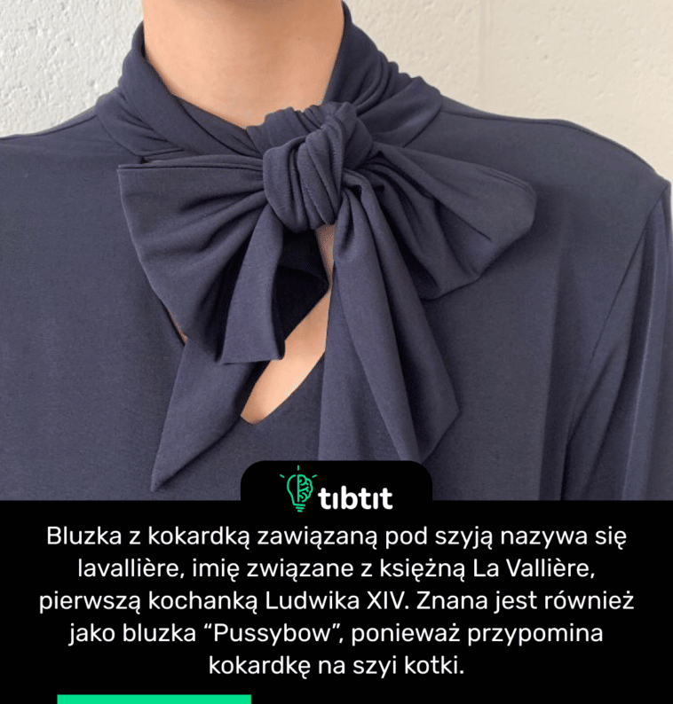 Bluzka z kokardką zawiązaną pod szyją nazywa się lavallière, imię związane z księżną La Vallière, pierwszą kochanką Ludwika XIV. Znana jest również jako bluzka “Pussybow”, ponieważ przypomina kokardkę na szyi kotki.