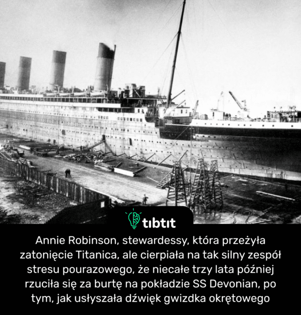 Annie Robinson, stewardessy, która przeżyła zatonięcie Titanica, ale cierpiała na tak silny zespół stresu pourazowego, że niecałe trzy lata później rzuciła się za burtę na pokładzie SS Devonian, po tym, jak usłyszała dźwięk gwizdka okrętowego