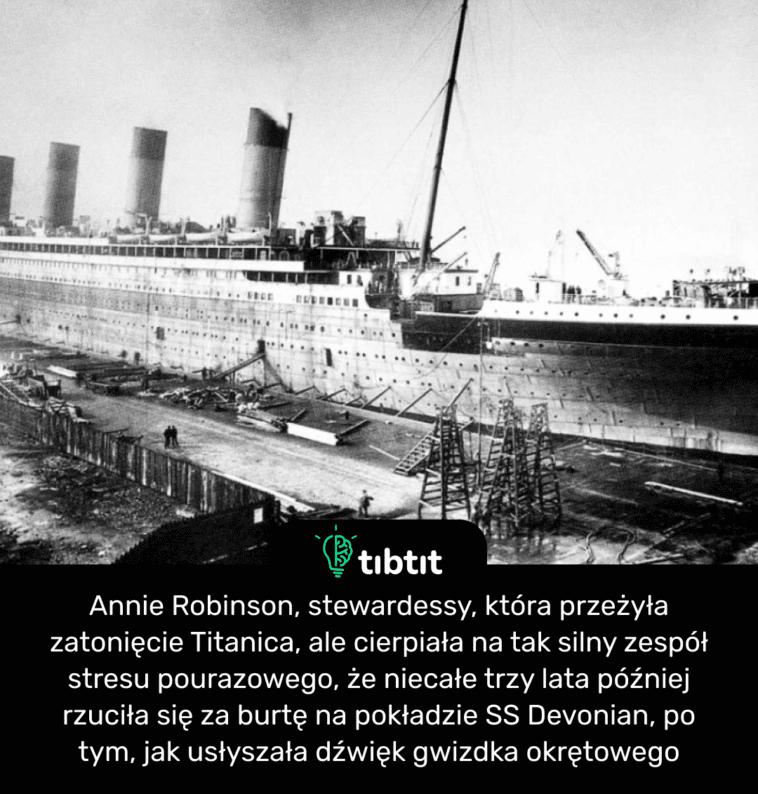 Annie Robinson, stewardessy, która przeżyła zatonięcie Titanica, ale cierpiała na tak silny zespół stresu pourazowego, że niecałe trzy lata później rzuciła się za burtę na pokładzie SS Devonian, po tym, jak usłyszała dźwięk gwizdka okrętowego
