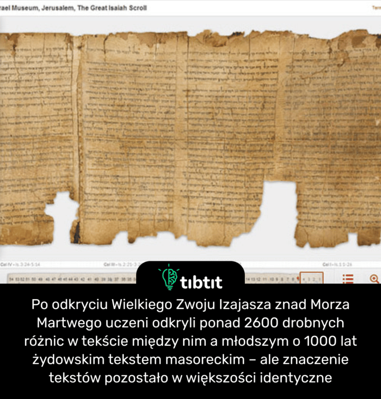 Po odkryciu Wielkiego Zwoju Izajasza znad Morza Martwego uczeni odkryli ponad 2600 drobnych różnic w tekście między nim a młodszym o 1000 lat żydowskim tekstem masoreckim – ale znaczenie tekstów pozostało w większości identyczne