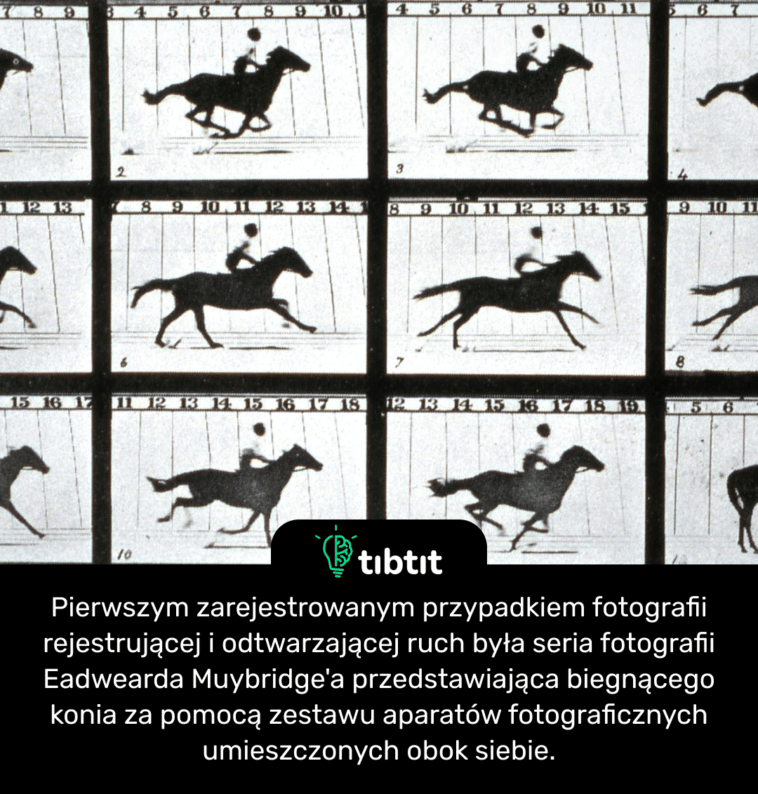 Pierwszym zarejestrowanym przypadkiem fotografii rejestrującej i odtwarzającej ruch była seria fotografii Eadwearda Muybridge'a przedstawiająca biegnącego konia za pomocą zestawu aparatów fotograficznych umieszczonych obok siebie.