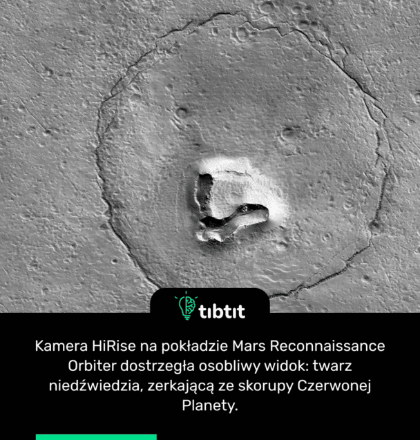 Kamera HiRise na pokładzie Mars Reconnaissance Orbiter dostrzegła osobliwy widok: twarz niedźwiedzia, zerkającą ze skorupy Czerwonej Planety.