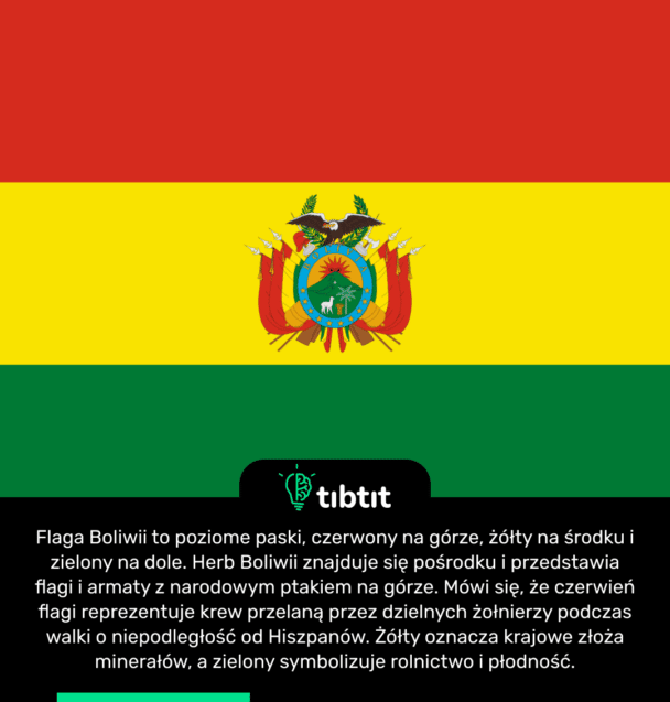 Flaga Boliwii to poziome paski, czerwony na górze, żółty na środku i zielony na dole. Herb Boliwii znajduje się pośrodku i przedstawia flagi i armaty z narodowym ptakiem na górze. Mówi się, że czerwień flagi reprezentuje krew przelaną przez dzielnych żołnierzy podczas walki o niepodległość od Hiszpanów. Żółty oznacza krajowe złoża minerałów, a zielony symbolizuje rolnictwo i płodność.