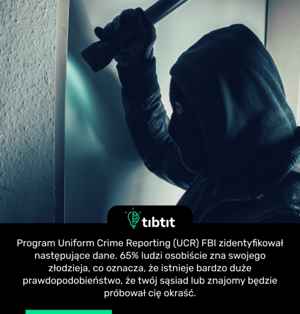 Program Uniform Crime Reporting (UCR) FBI zidentyfikował następujące dane. 65% ludzi osobiście zna swojego złodzieja, co oznacza, że ​​istnieje bardzo duże prawdopodobieństwo, że twój sąsiad lub znajomy będzie próbował cię okraść.