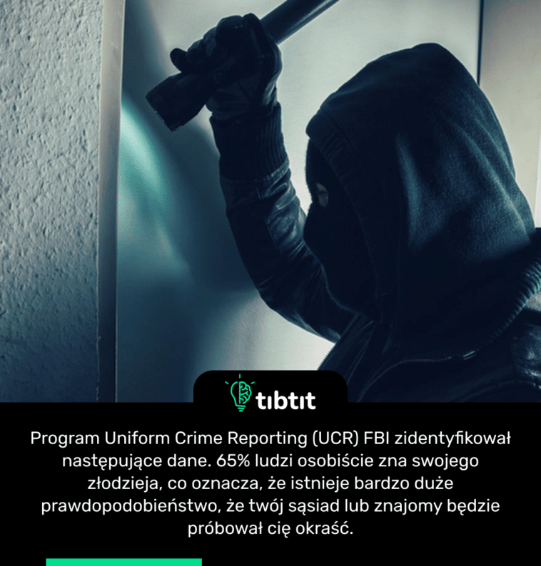 Program Uniform Crime Reporting (UCR) FBI zidentyfikował następujące dane. 65% ludzi osobiście zna swojego złodzieja, co oznacza, że ​​istnieje bardzo duże prawdopodobieństwo, że twój sąsiad lub znajomy będzie próbował cię okraść.