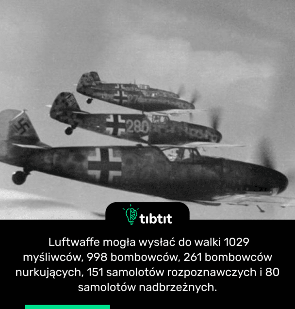 Luftwaffe mogła wysłać do walki 1029 myśliwców, 998 bombowców, 261 bombowców nurkujących, 151 samolotów rozpoznawczych i 80 samolotów nadbrzeżnych.