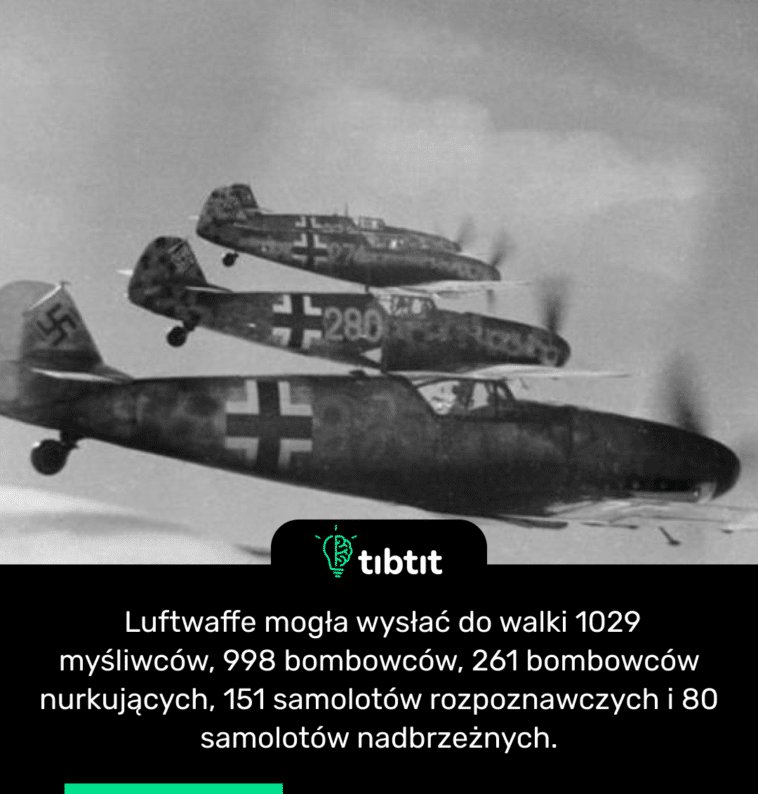 Luftwaffe mogła wysłać do walki 1029 myśliwców, 998 bombowców, 261 bombowców nurkujących, 151 samolotów rozpoznawczych i 80 samolotów nadbrzeżnych.