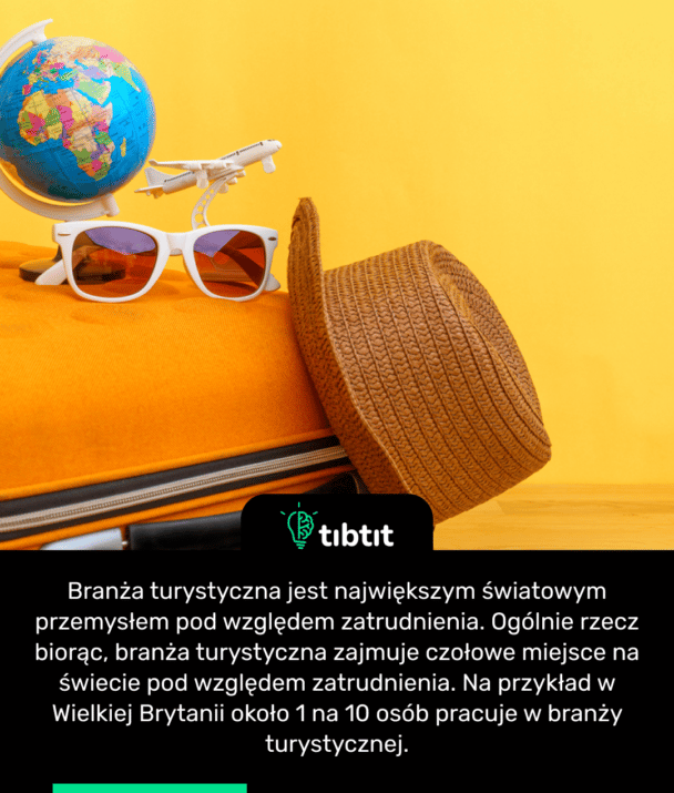 Branża turystyczna jest największym światowym przemysłem pod względem zatrudnienia. Ogólnie rzecz biorąc, branża turystyczna zajmuje czołowe miejsce na świecie pod względem zatrudnienia. Na przykład w Wielkiej Brytanii około 1 na 10 osób pracuje w branży turystycznej.