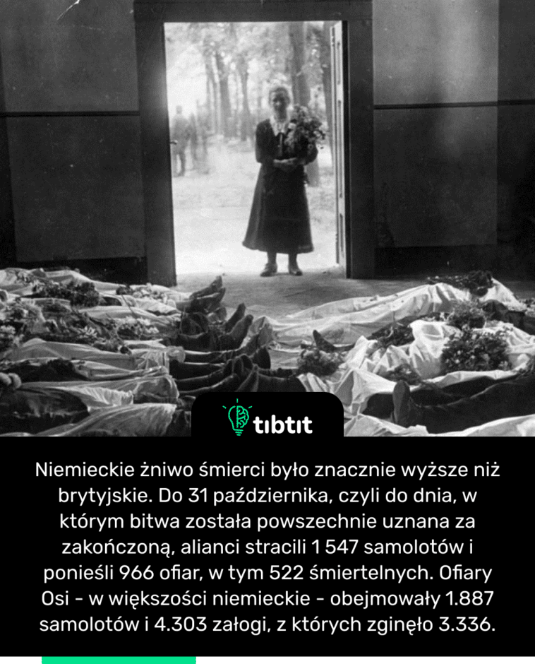 Niemieckie żniwo śmierci było znacznie wyższe niż brytyjskie. Do 31 października, czyli do dnia, w którym bitwa została powszechnie uznana za zakończoną, alianci stracili 1 547 samolotów i ponieśli 966 ofiar, w tym 522 śmiertelnych. Ofiary Osi - w większości niemieckie - obejmowały 1.887 samolotów i 4.303 załogi, z których zginęło 3.336.