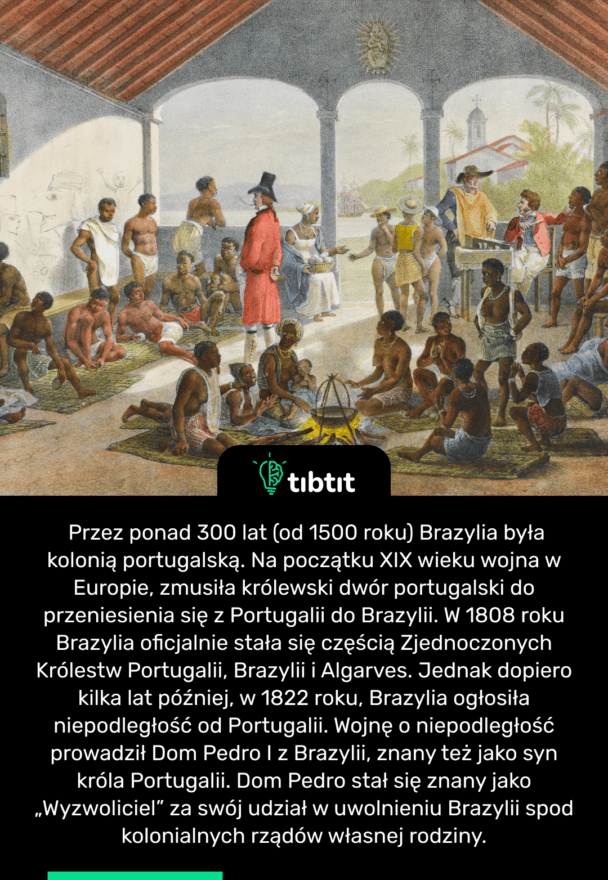 Przez ponad 300 lat (od 1500 roku) Brazylia była kolonią portugalską. Na początku XIX wieku wojna w Europie, zmusiła królewski dwór portugalski do przeniesienia się z Portugalii do Brazylii. W 1808 roku Brazylia oficjalnie stała się częścią Zjednoczonych Królestw Portugalii, Brazylii i Algarves. Jednak dopiero kilka lat później, w 1822 roku, Brazylia ogłosiła niepodległość od Portugalii. Wojnę o niepodległość prowadził Dom Pedro I z Brazylii, znany też jako syn króla Portugalii. Dom Pedro stał się znany jako „Wyzwoliciel” za swój udział w uwolnieniu Brazylii spod kolonialnych rządów własnej rodziny.