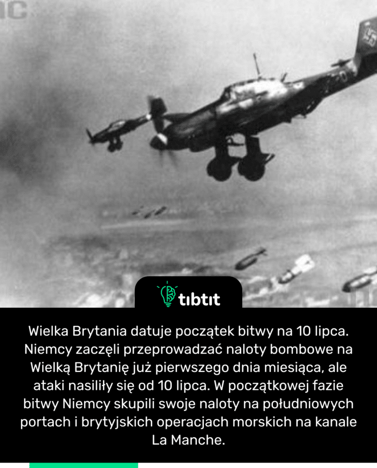 Wielka Brytania datuje początek bitwy na 10 lipca. Niemcy zaczęli przeprowadzać naloty bombowe na Wielką Brytanię już pierwszego dnia miesiąca, ale ataki nasiliły się od 10 lipca. W początkowej fazie bitwy Niemcy skupili swoje naloty na południowych portach i brytyjskich operacjach morskich na kanale La Manche.