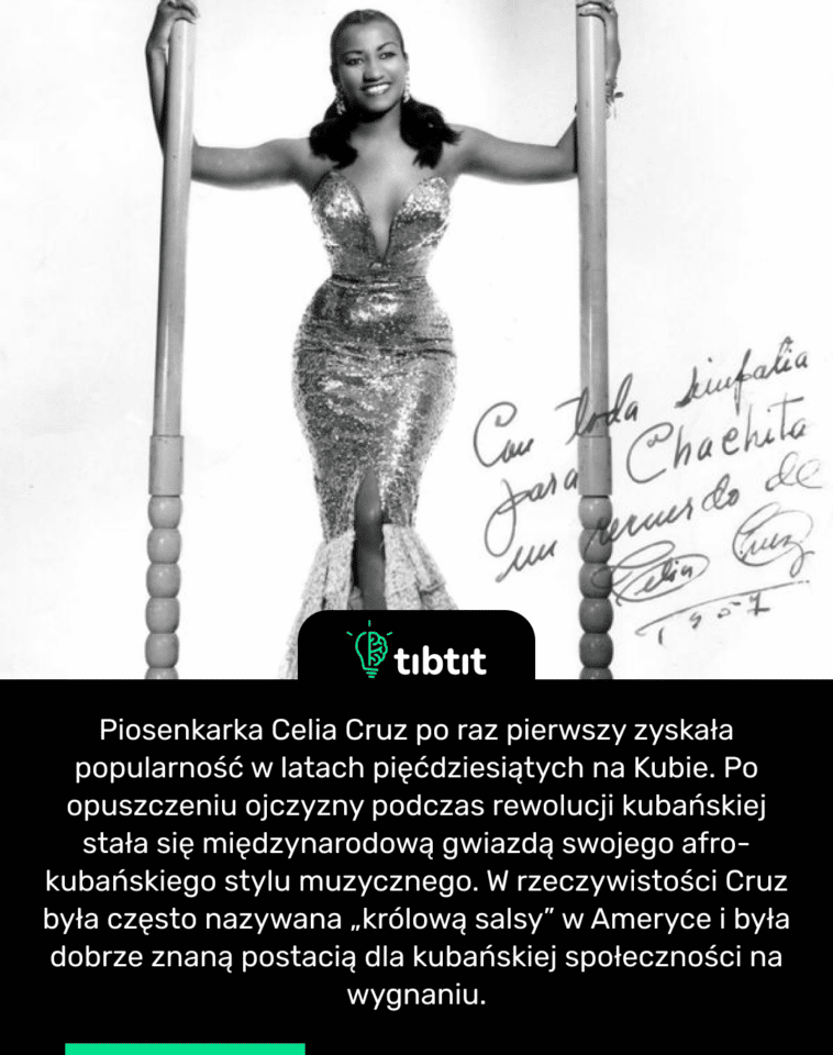 Piosenkarka Celia Cruz po raz pierwszy zyskała popularność w latach pięćdziesiątych na Kubie. Po opuszczeniu ojczyzny podczas rewolucji kubańskiej stała się międzynarodową gwiazdą swojego afro-kubańskiego stylu muzycznego. W rzeczywistości Cruz była często nazywana „królową salsy” w Ameryce i była dobrze znaną postacią dla kubańskiej społeczności na wygnaniu.