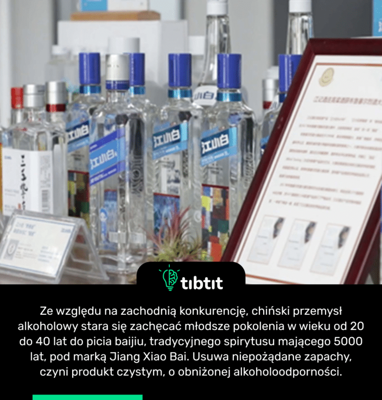 Ze względu na zachodnią konkurencję, chiński przemysł alkoholowy stara się zachęcać młodsze pokolenia w wieku od 20 do 40 lat do picia baijiu, tradycyjnego spirytusu mającego 5000 lat, pod marką Jiang Xiao Bai. Usuwa niepożądane zapachy, czyni produkt czystym, o obniżonej alkoholoodporności.