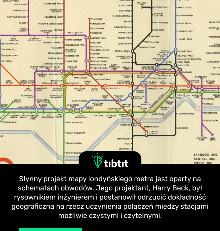 Słynny projekt mapy londyńskiego metra jest oparty na schematach obwodów. Jego projektant, Harry Beck, był rysownikiem inżynierem i postanowił odrzucić dokładność geograficzną na rzecz uczynienia połączeń między stacjami możliwie czystymi i czytelnymi.