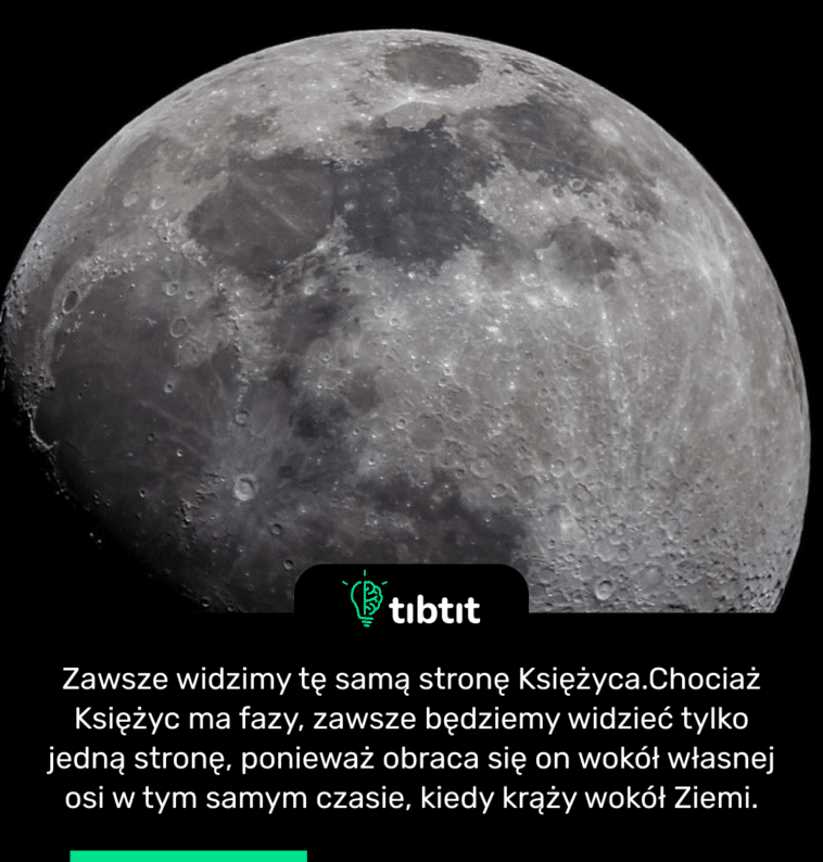 Zawsze widzimy tę samą stronę Księżyca. Chociaż Księżyc ma fazy, zawsze będziemy widzieć tylko jedną stronę, ponieważ obraca się on wokół własnej osi w tym samym czasie, kiedy krąży wokół Ziemi.