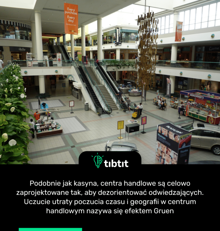 Podobnie jak kasyna, centra handlowe są celowo zaprojektowane tak, aby dezorientować odwiedzających. Uczucie utraty poczucia czasu i geografii w centrum handlowym nazywa się efektem Gruen.