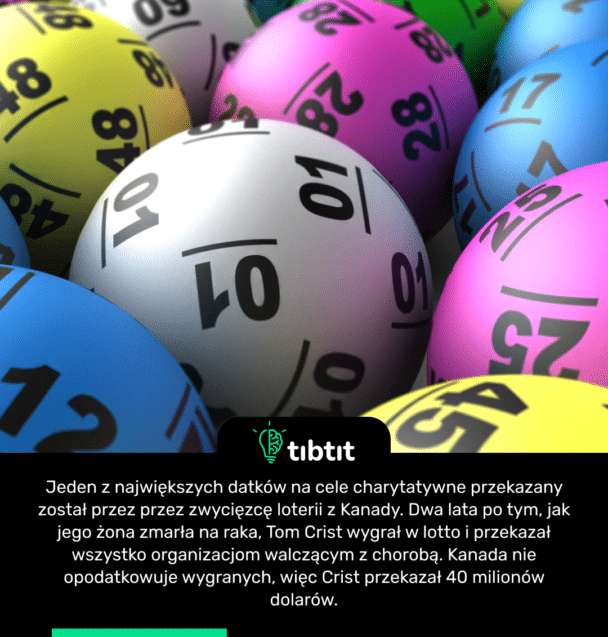 Jeden z największych datków na cele charytatywne przekazany został przez przez zwycięzcę loterii z Kanady. Dwa lata po tym, jak jego żona zmarła na raka, Tom Crist wygrał w lotto i przekazał wszystko organizacjom walczącym z chorobą. Kanada nie opodatkowuje wygranych, więc Crist przekazał 40 milionów dolarów.