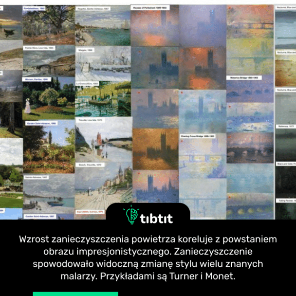 Wzrost zanieczyszczenia powietrza koreluje z powstaniem obrazu impresjonistycznego. Zanieczyszczenie spowodowało widoczną zmianę stylu wielu znanych malarzy. Przykładami są Turner i Monet.