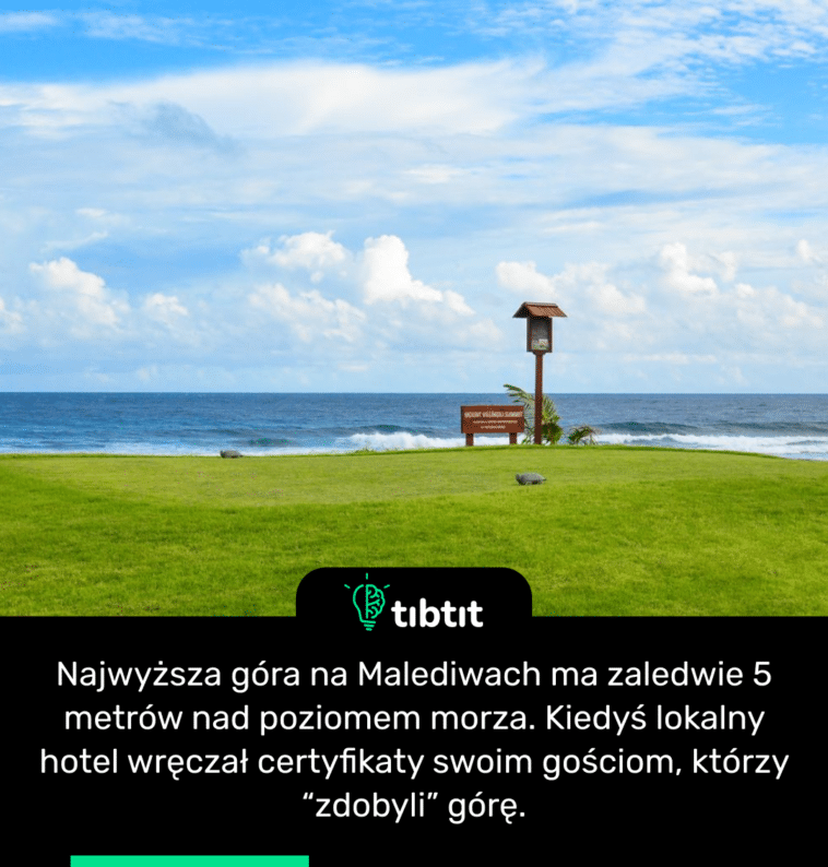 Najwyższa góra na Malediwach ma zaledwie 5 metrów nad poziomem morza. Kiedyś lokalny hotel wręczał certyfikaty swoim gościom, którzy “zdobyli” górę.