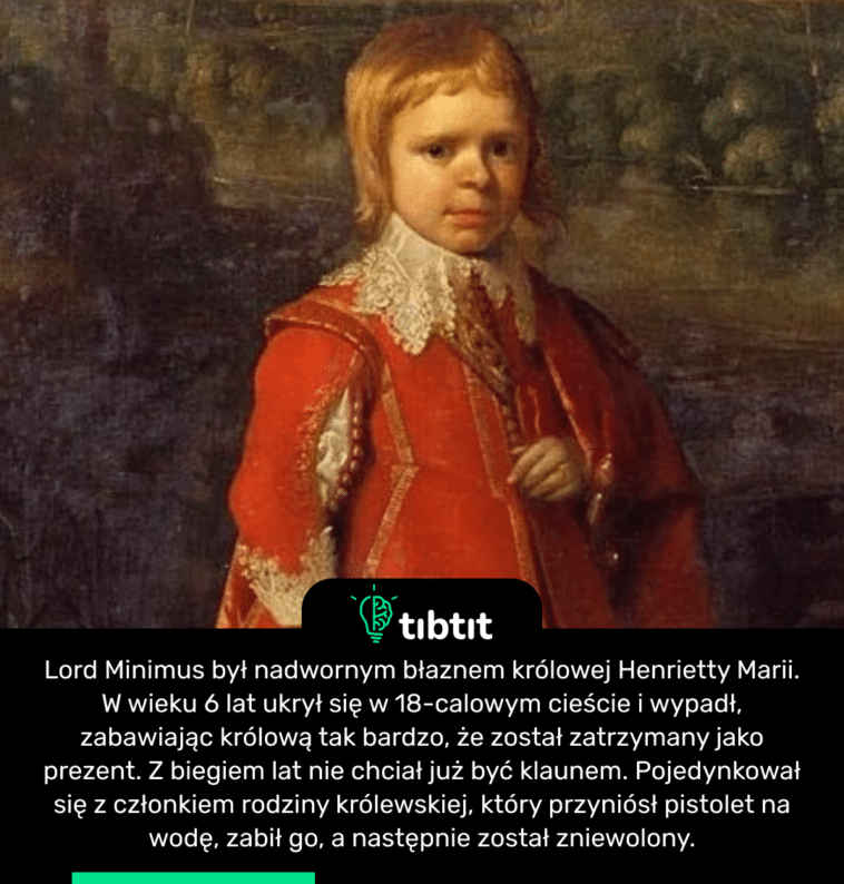 Lord Minimus był nadwornym błaznem królowej Henrietty Marii. W wieku 6 lat ukrył się w 18-calowym cieście i wypadł, zabawiając królową tak bardzo, że został zatrzymany jako prezent. Z biegiem lat nie chciał już być klaunem. Pojedynkował się z członkiem rodziny królewskiej, który przyniósł pistolet na wodę, zabił go, a następnie został zniewolony.
