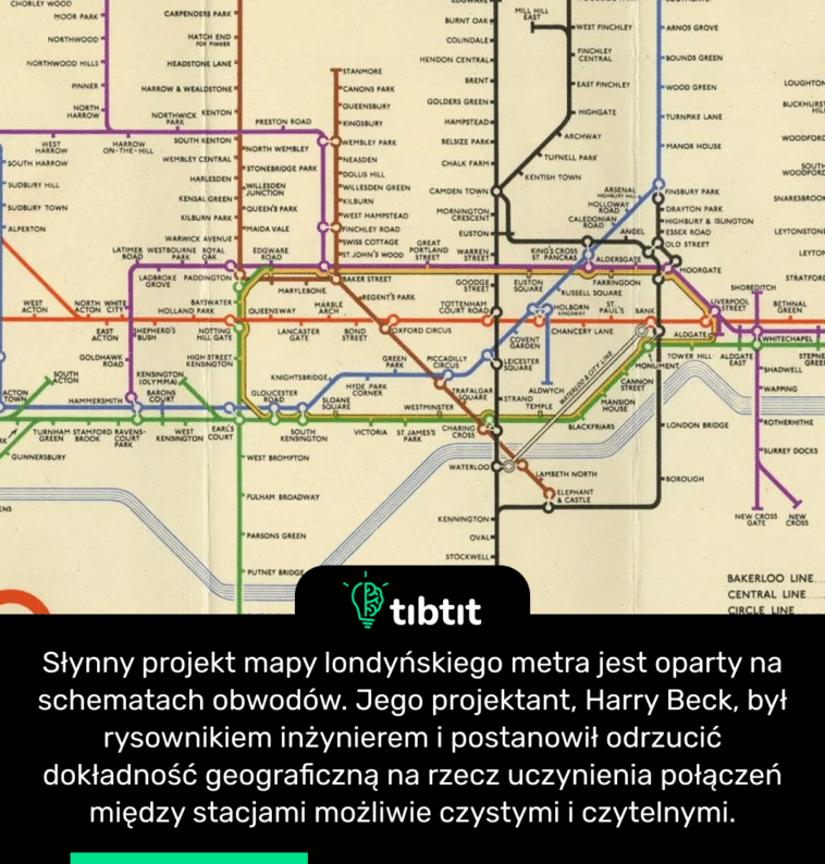 Słynny projekt mapy londyńskiego metra jest oparty na schematach obwodów. Jego projektant, Harry Beck, był rysownikiem inżynierem i postanowił odrzucić dokładność geograficzną na rzecz uczynienia połączeń między stacjami możliwie czystymi i czytelnymi.