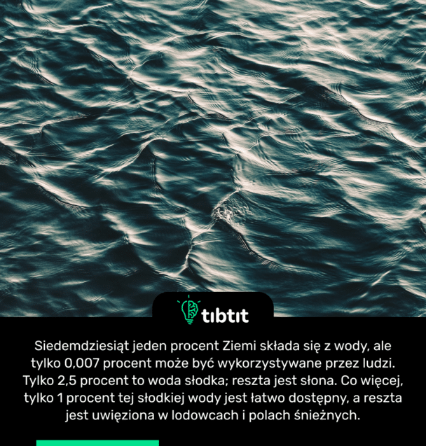 Siedemdziesiąt jeden procent Ziemi składa się z wody, ale tylko 0,007 procent może być wykorzystywane przez ludzi. Tylko 2,5 procent to woda słodka; reszta jest słona. Co więcej, tylko 1 procent tej słodkiej wody jest łatwo dostępny, a reszta jest uwięziona w lodowcach i polach śnieżnych.