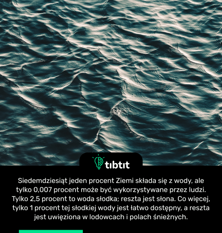 Siedemdziesiąt jeden procent Ziemi składa się z wody, ale tylko 0,007 procent może być wykorzystywane przez ludzi. Tylko 2,5 procent to woda słodka; reszta jest słona. Co więcej, tylko 1 procent tej słodkiej wody jest łatwo dostępny, a reszta jest uwięziona w lodowcach i polach śnieżnych.
