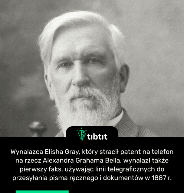 Wynalazca Elisha Gray, który stracił patent na telefon na rzecz Alexandra Grahama Bella, wynalazł także pierwszy faks, używając linii telegraficznych do przesyłania pisma ręcznego i dokumentów w 1887 r.