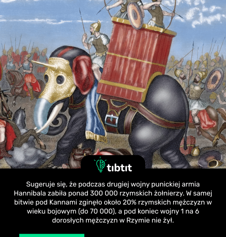 Sugeruje się, że podczas drugiej wojny punickiej armia Hannibala zabiła ponad 300 000 rzymskich żołnierzy. W samej bitwie pod Kannami zginęło około 20% rzymskich mężczyzn w wieku bojowym (do 70 000), a pod koniec wojny 1 na 6 dorosłych mężczyzn w Rzymie nie żył.