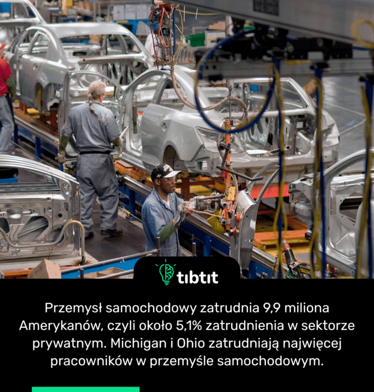 Przemysł samochodowy zatrudnia 9,9 miliona Amerykanów, czyli około 5,1% zatrudnienia w sektorze prywatnym. Michigan i Ohio zatrudniają najwięcej pracowników w przemyśle samochodowym.