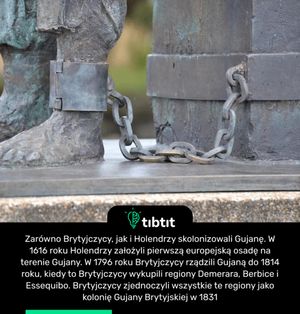 Zarówno Brytyjczycy, jak i Holendrzy skolonizowali Gujanę. W 1616 roku Holendrzy założyli pierwszą europejską osadę na terenie Gujany. W 1796 roku Brytyjczycy rządzili Gujaną do 1814 roku, kiedy to Brytyjczycy wykupili regiony Demerara, Berbice i Essequibo. Brytyjczycy zjednoczyli wszystkie te regiony jako kolonię Gujany Brytyjskiej w 1831