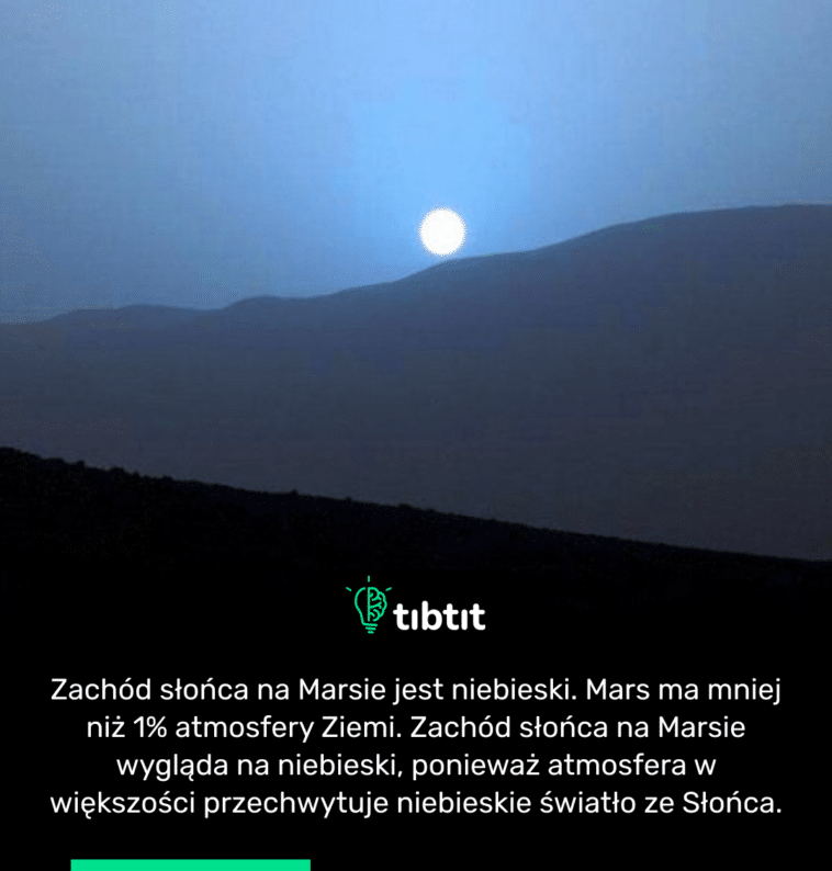 Zachód słońca na Marsie jest niebieski. Mars ma mniej niż 1% atmosfery Ziemi. Zachód słońca na Marsie wygląda na niebieski, ponieważ atmosfera w większości przechwytuje niebieskie światło ze Słońca.