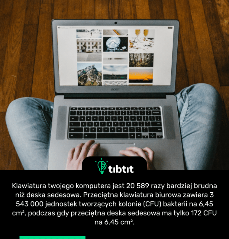 Klawiatura twojego komputera jest 20 589 razy bardziej brudna niż deska sedesowa. Przeciętna klawiatura biurowa zawiera 3 543 000 jednostek tworzących kolonie (CFU) bakterii na 6,45 cm², podczas gdy przeciętna deska sedesowa ma tylko 172 CFU na 6,45 cm².
