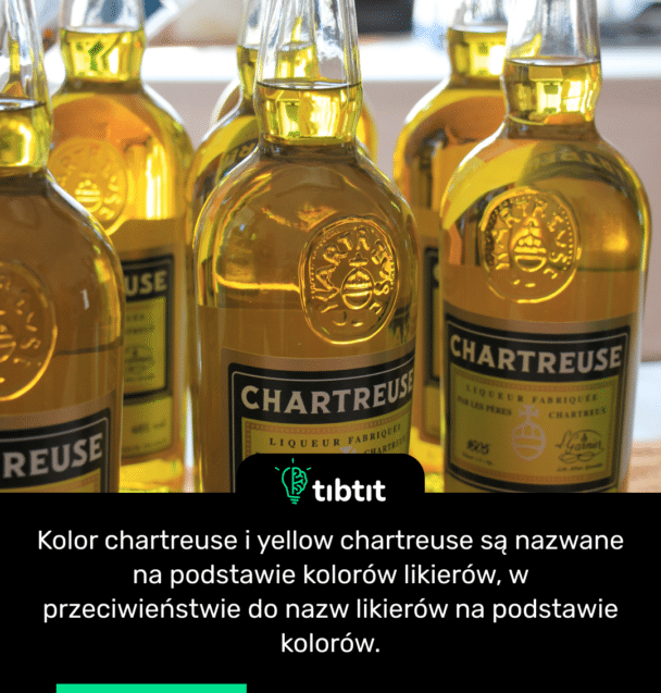 Kolor chartreuse i yellow chartreuse są nazwane na podstawie kolorów likierów, w przeciwieństwie do nazw likierów na podstawie kolorów.