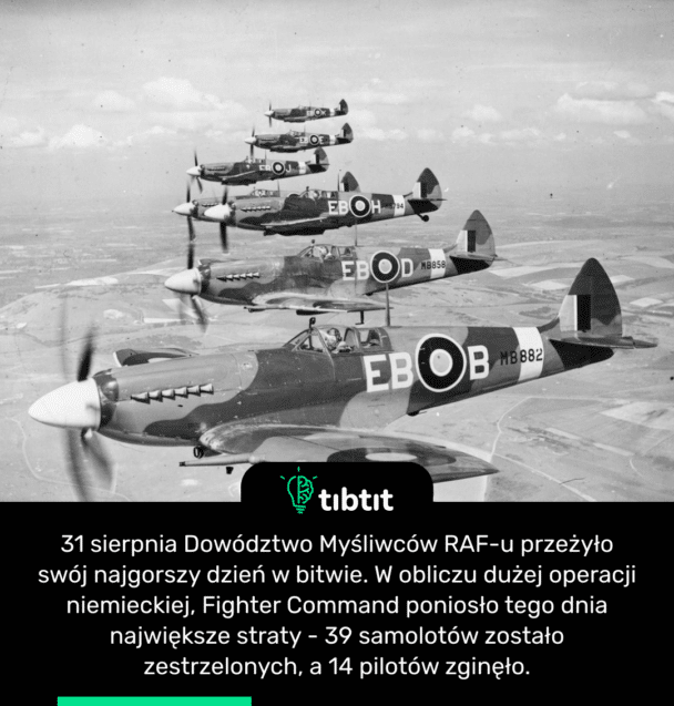 31 sierpnia Dowództwo Myśliwców RAF-u przeżyło swój najgorszy dzień w bitwie. W obliczu dużej operacji niemieckiej, Fighter Command poniosło tego dnia największe straty - 39 samolotów zostało zestrzelonych, a 14 pilotów zginęło.