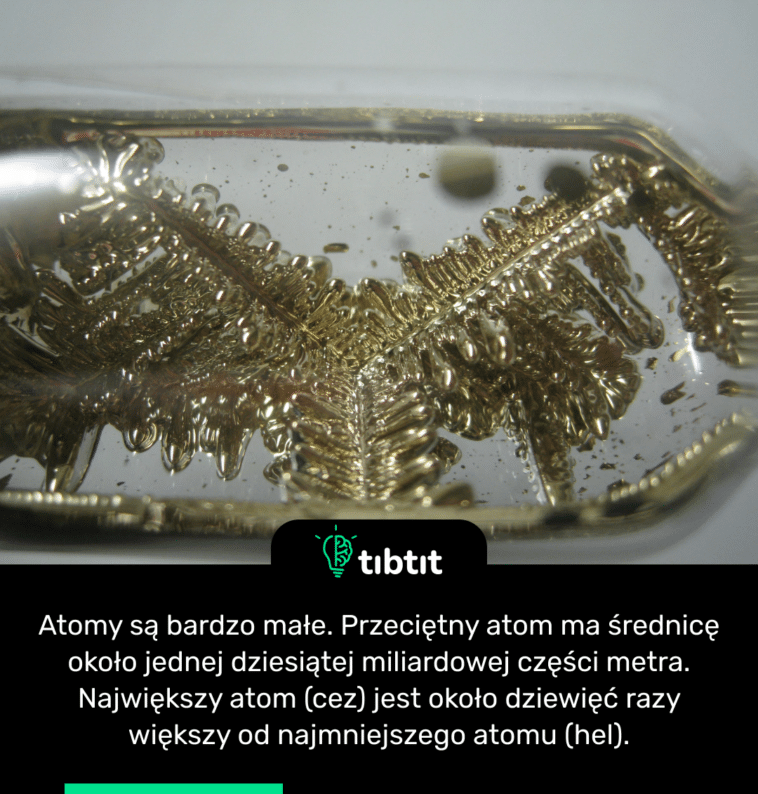 Atomy są bardzo małe. Przeciętny atom ma średnicę około jednej dziesiątej miliardowej części metra. Największy atom (cez) jest około dziewięć razy większy od najmniejszego atomu (hel).