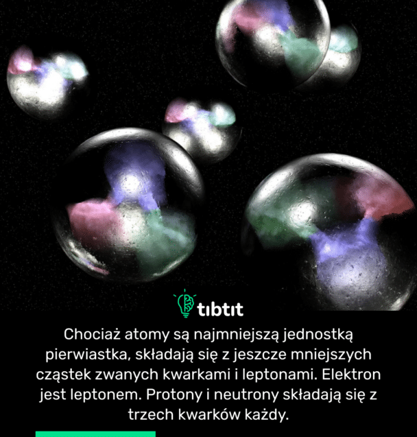 Chociaż atomy są najmniejszą jednostką pierwiastka, składają się z jeszcze mniejszych cząstek zwanych kwarkami i leptonami. Elektron jest leptonem. Protony i neutrony składają się z trzech kwarków każdy.