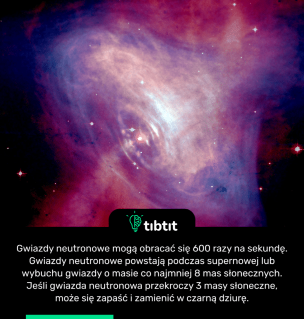 Gwiazdy neutronowe mogą obracać się 600 razy na sekundę. Gwiazdy neutronowe powstają podczas supernowej lub wybuchu gwiazdy o masie co najmniej 8 mas słonecznych. Jeśli gwiazda neutronowa przekroczy 3 masy słoneczne, może się zapaść i zamienić w czarną dziurę.