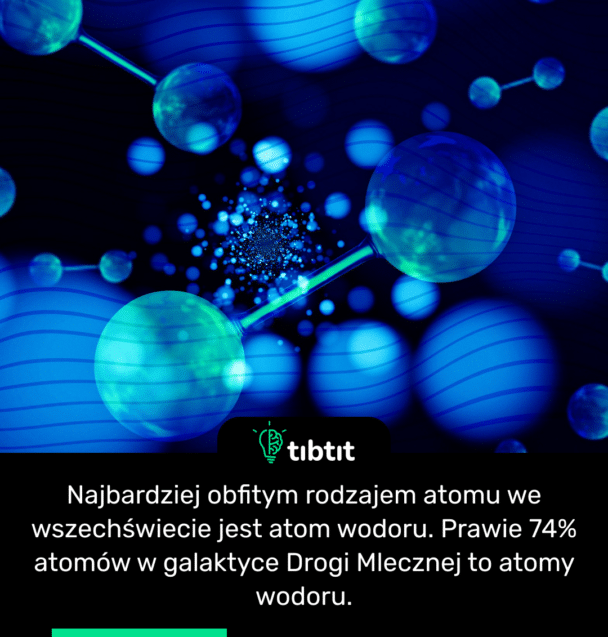 Najbardziej obfitym rodzajem atomu we wszechświecie jest atom wodoru. Prawie 74% atomów w galaktyce Drogi Mlecznej to atomy wodoru.