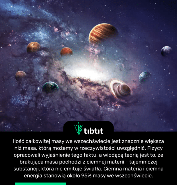 Ilość całkowitej masy we wszechświecie jest znacznie większa niż masa, którą możemy w rzeczywistości uwzględnić. Fizycy opracowali wyjaśnienie tego faktu, a wiodącą teorią jest to, że brakująca masa pochodzi z ciemnej materii - tajemniczej substancji, która nie emituje światła. Ciemna materia i ciemna energia stanowią około 95% masy we wszechświecie.
